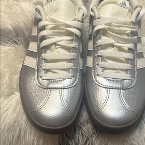 NEW. Adidas Metallic Silver and White Sneakers